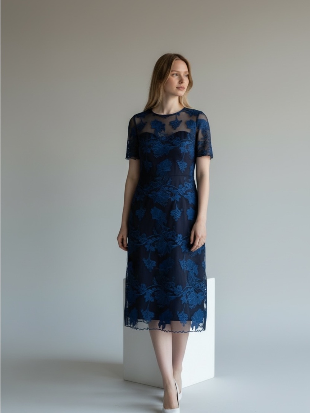 Mystic Navy Blue Lace Midi Dress Coastal Wedding Guest Granola size M Nautical